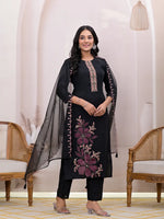 Thumbnail for Yufta Black Embroidered Silk Blend Straight Kurta Dupatta Set