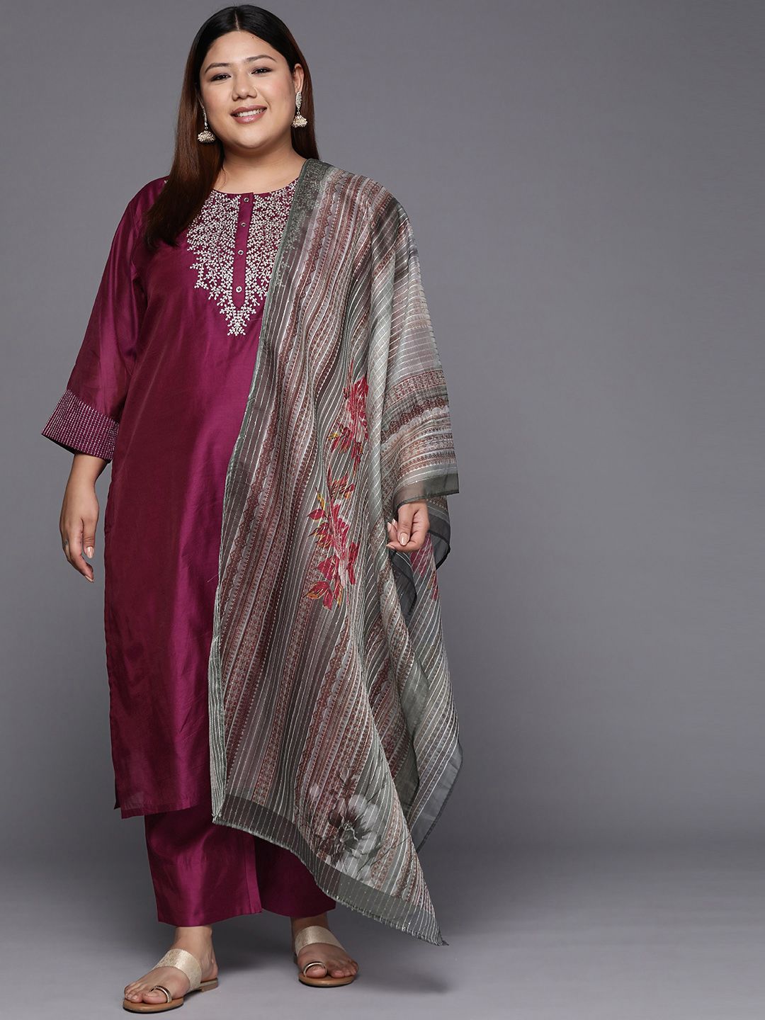 Sztori Plus Size Yoke Design Regular Sequinned Chanderi Silk Kurta & Trousers With Dupatta - Distacart