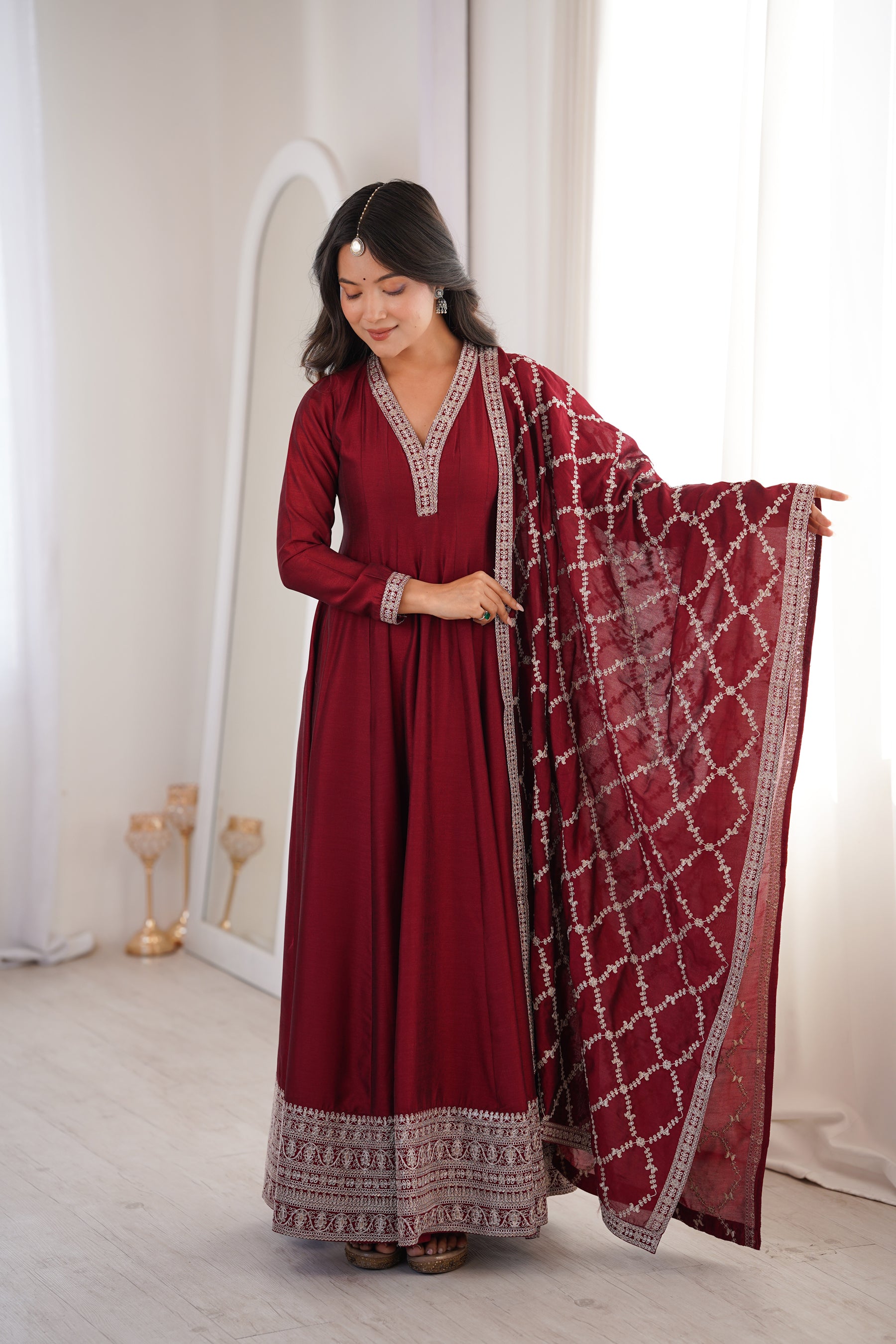 Lorenvalley Fashion Maroon Vichitra Silk with Full Kali Pattern Embroidery work Anarkali Gown with Dupatta - Distacart