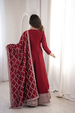 Thumbnail for Lorenvalley Fashion Maroon Vichitra Silk with Full Kali Pattern Embroidery work Anarkali Gown with Dupatta - Distacart