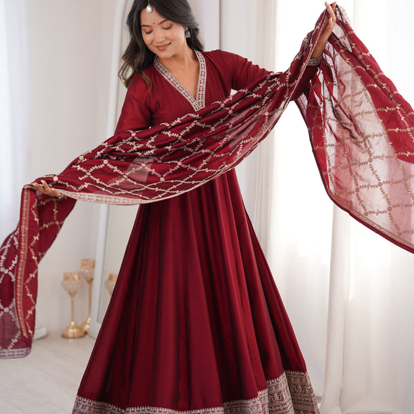 Lorenvalley Fashion Maroon Vichitra Silk with Full Kali Pattern Embroidery work Anarkali Gown with Dupatta - Distacart