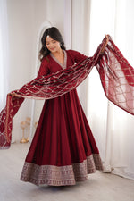 Thumbnail for Lorenvalley Fashion Maroon Vichitra Silk with Full Kali Pattern Embroidery work Anarkali Gown with Dupatta - Distacart