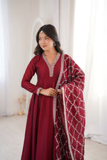 Thumbnail for Lorenvalley Fashion Maroon Vichitra Silk with Full Kali Pattern Embroidery work Anarkali Gown with Dupatta - Distacart