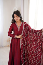 Thumbnail for Lorenvalley Fashion Maroon Vichitra Silk with Full Kali Pattern Embroidery work Anarkali Gown with Dupatta - Distacart