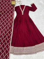 Thumbnail for Lorenvalley Fashion Maroon Vichitra Silk with Full Kali Pattern Embroidery work Anarkali Gown with Dupatta - Distacart