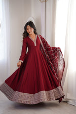 Thumbnail for Lorenvalley Fashion Maroon Vichitra Silk with Full Kali Pattern Embroidery work Anarkali Gown with Dupatta - Distacart