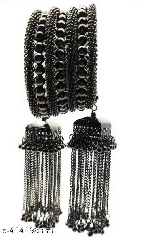 Tehzeeb Creations Women's Black Oxidised Spiral Bangle With Jhumki Style