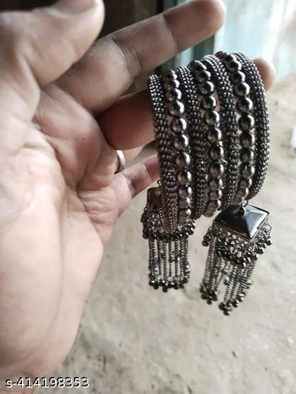 Tehzeeb Creations Women's Black Oxidised Spiral Bangle With Jhumki Style - Distacart