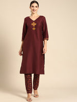 Thumbnail for All About You Women Maroon Floral Yoke Design Regular Kurta with Trousers - Distacart