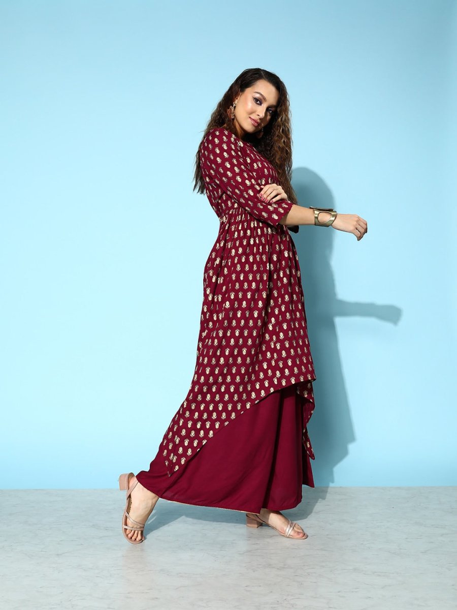 All About You Carmine Maroon Printed A-Line Veere Di Wedding Kurta with Palazzos - Distacart