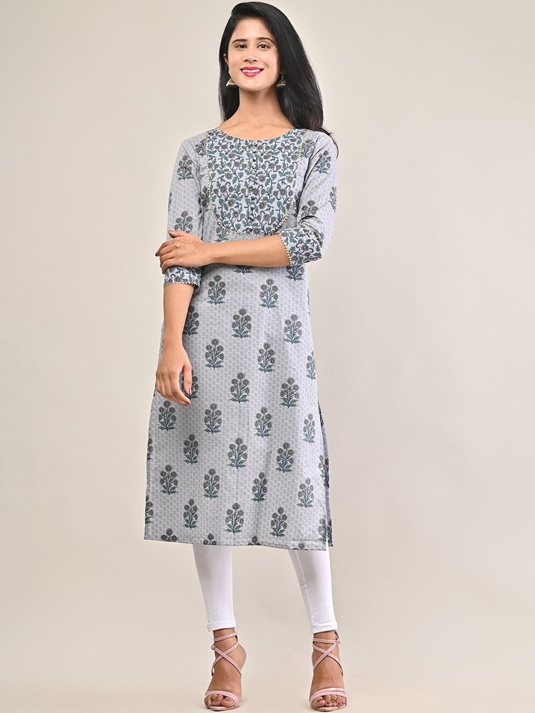 Swasti Women Grey Floral Printed Floral Cotton Kurta - Distacart