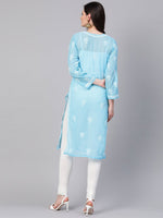 Thumbnail for ADA Women Blue & White Chikankari Embroidered Sheer Straight Sustainable Handloom Kurta - Distacart