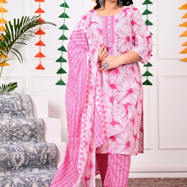 Swasti Plus Size Floral Printed Regular Pure Cotton Kurta with Trousers & Dupatta - Distacart