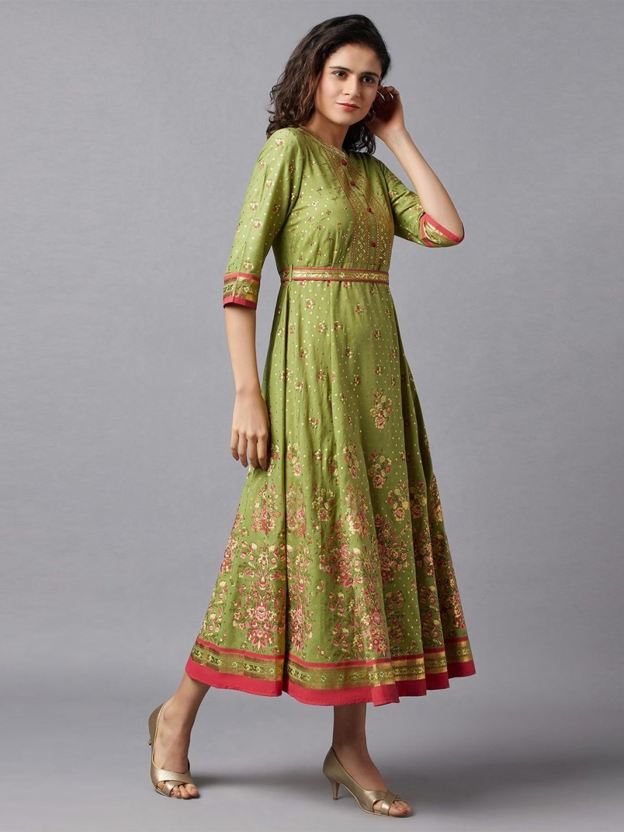AURELIA Green & Pink Ethnic Motifs Ethnic A-Line Midi Dress