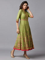 Thumbnail for AURELIA Green & Pink Ethnic Motifs Ethnic A-Line Midi Dress