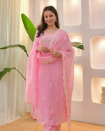 Thumbnail for The52 Pink Women's Beautiful Chikankari Work Chanderi Fabric Straight Kurta Pant and Dupatta Set - Distacart