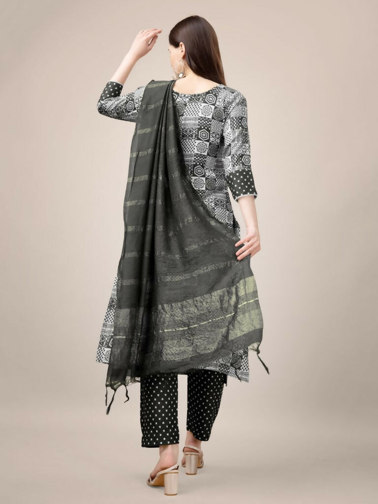 Jyoti Fashion Women's Black Rayon Print with Embroidery & Fancy Lace Work Kurta with Trouser & Dupatta - Distacart
