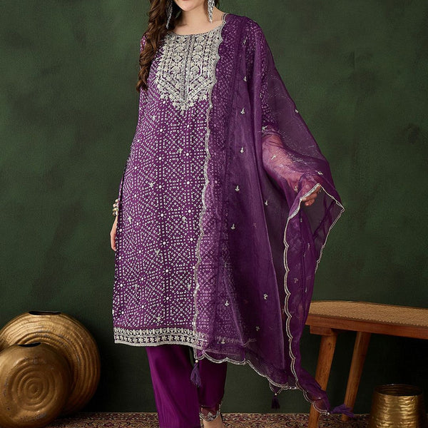 Sangria Bandhani Printed Straight Kurta, Trouser & Dupatta Set - Distacart