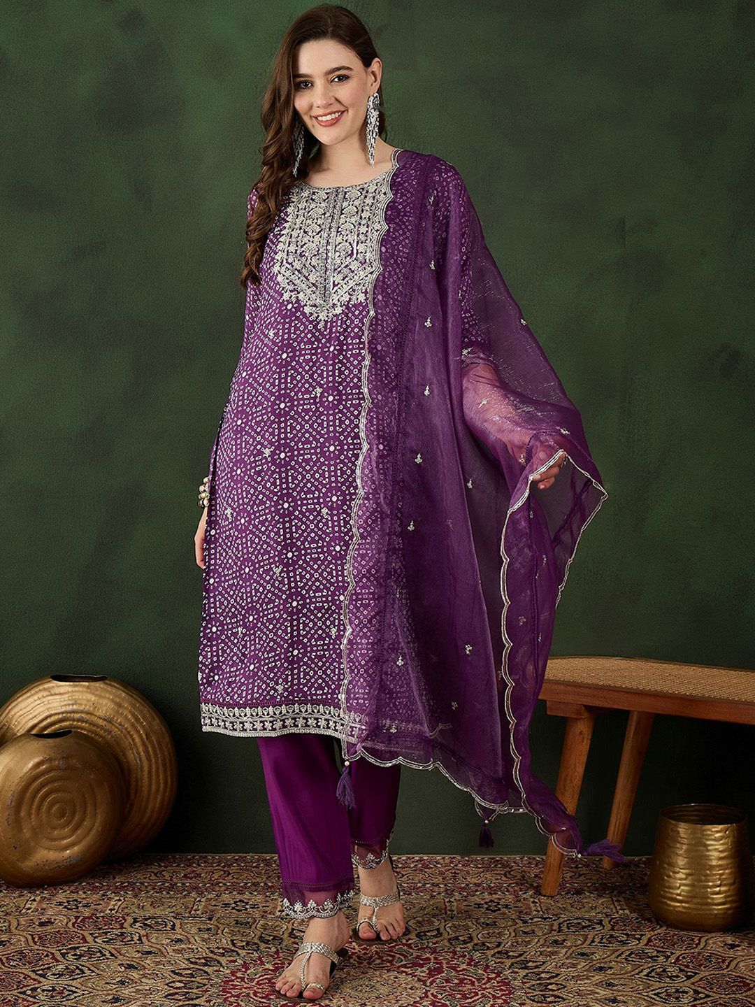 Sangria Bandhani Printed Straight Kurta, Trouser & Dupatta Set - Distacart