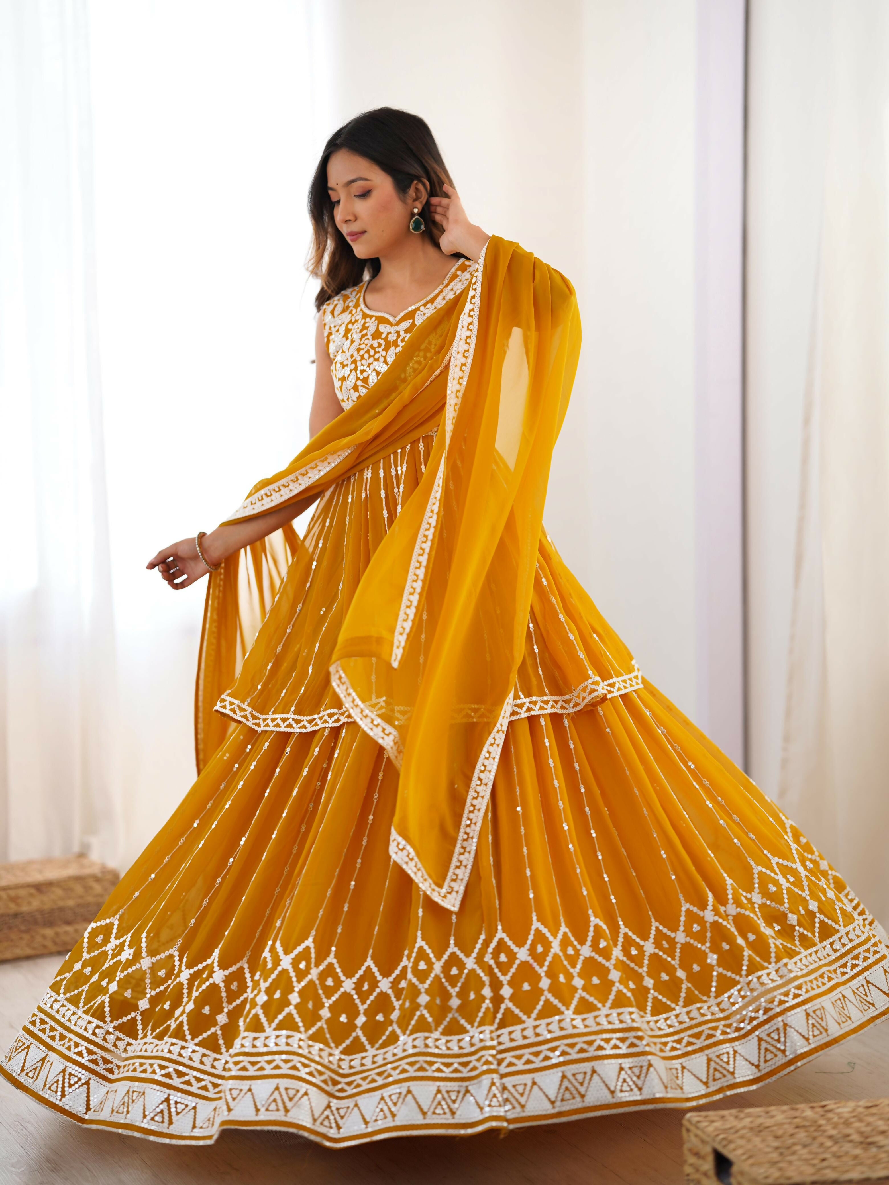 Joban Fashion Yellow Lehenga Georgette Coding Dori with Sequence with Rivet Moti