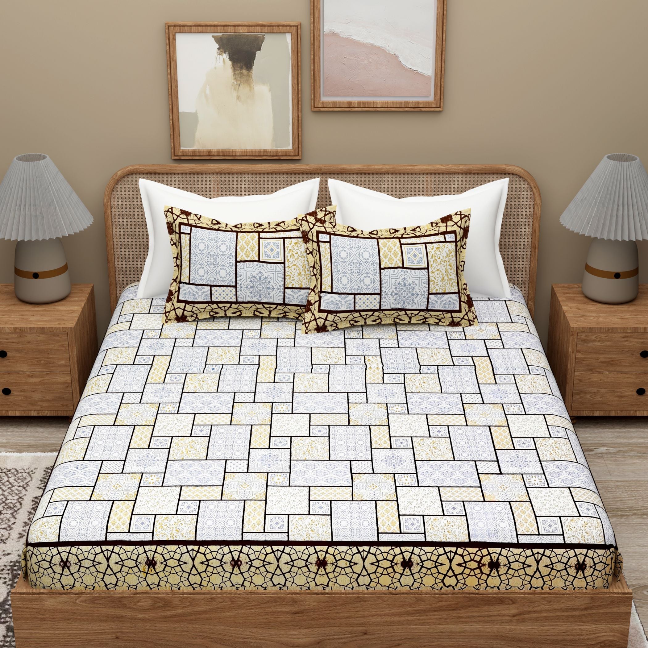 Brown Ethnic Motifs Cotton 300TC King Bedsheet With 2 Zipper Pillow Covers - Super King Size by House of Ree - Distacart