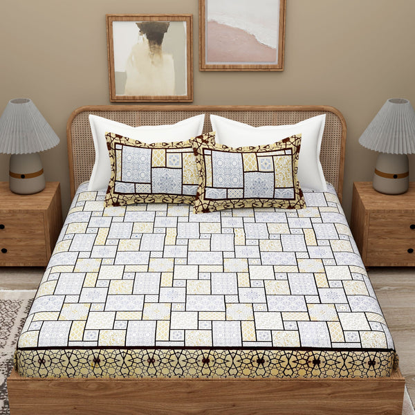 Brown Ethnic Motifs Cotton 300TC King Bedsheet With 2 Zipper Pillow Covers - Super King Size by House of Ree - Distacart