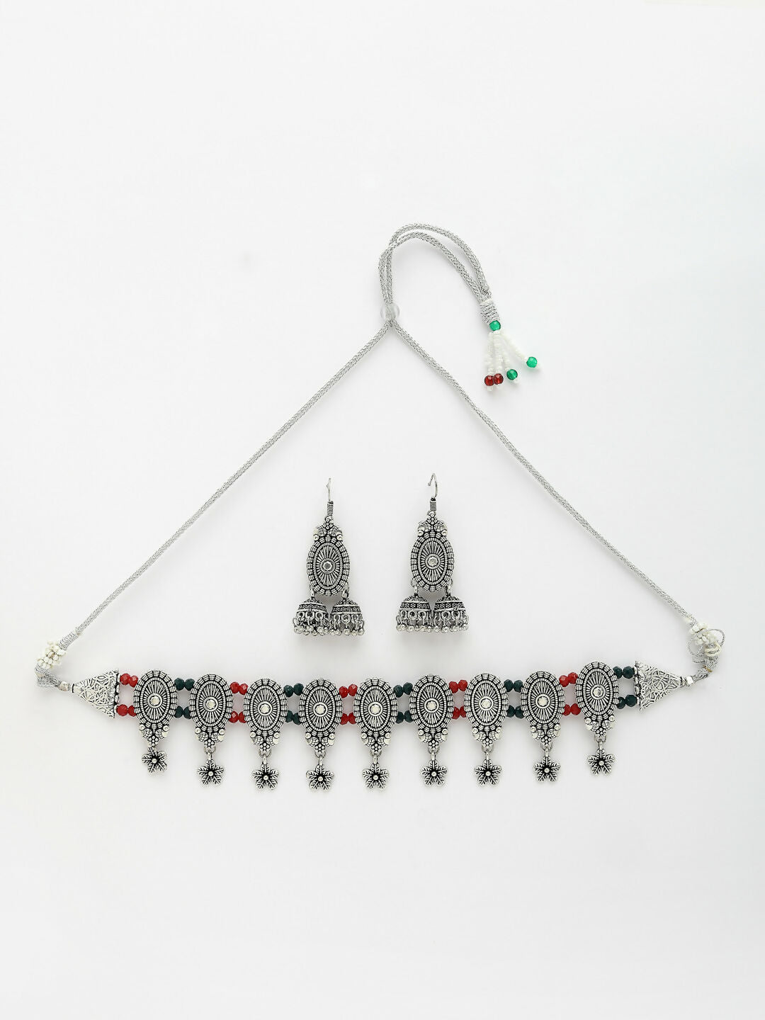 NVR Women's Silver-Plated Choke Oxidized Necklace with Jhumka Earrings - Distacart