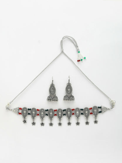 NVR Women's Silver-Plated Choke Oxidized Necklace with Jhumka Earrings - Distacart