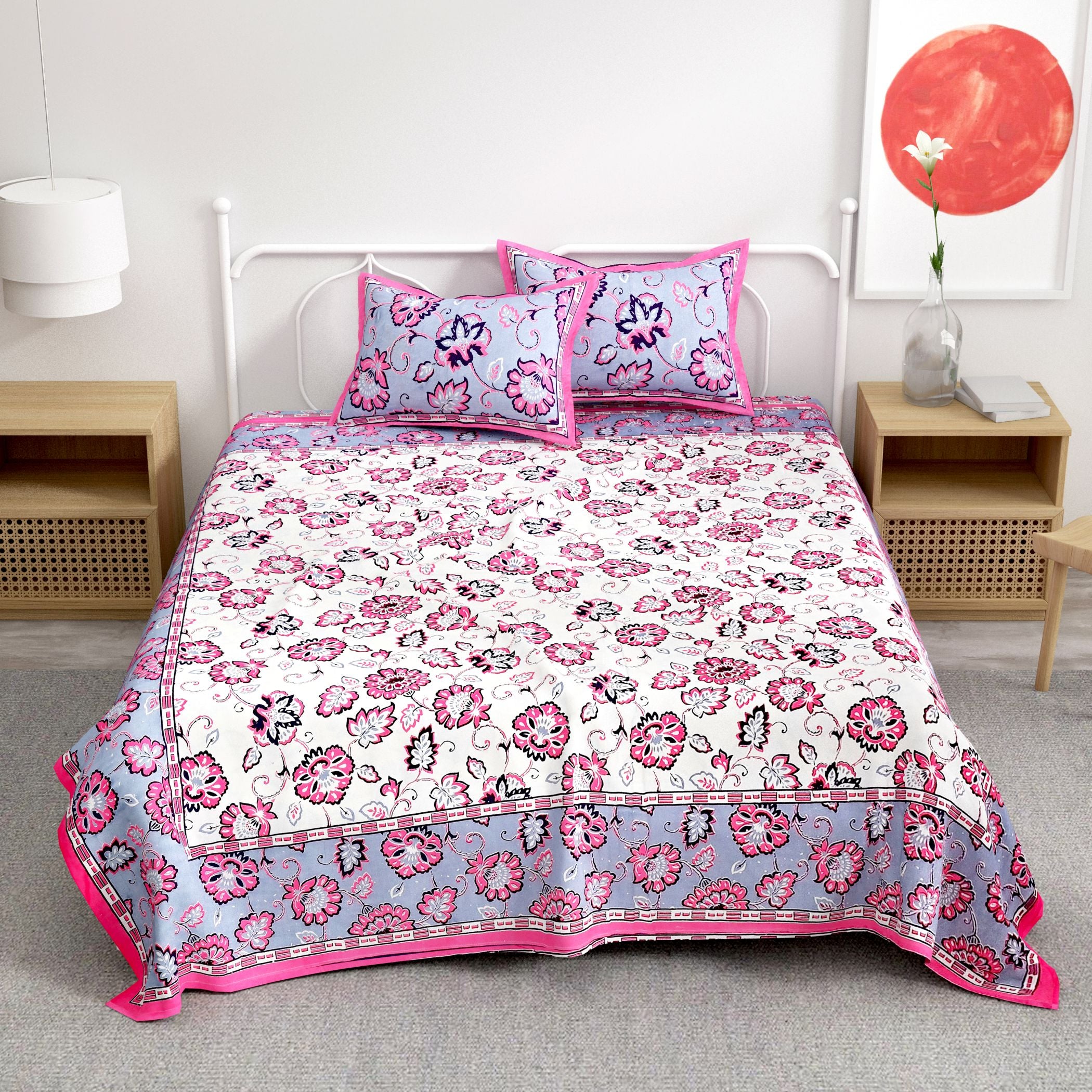 Pink Floral Printed Cotton 300TC Super King Bedsheet With 2 Zipper Pillow Covers - King Size by House of Ree - Distacart