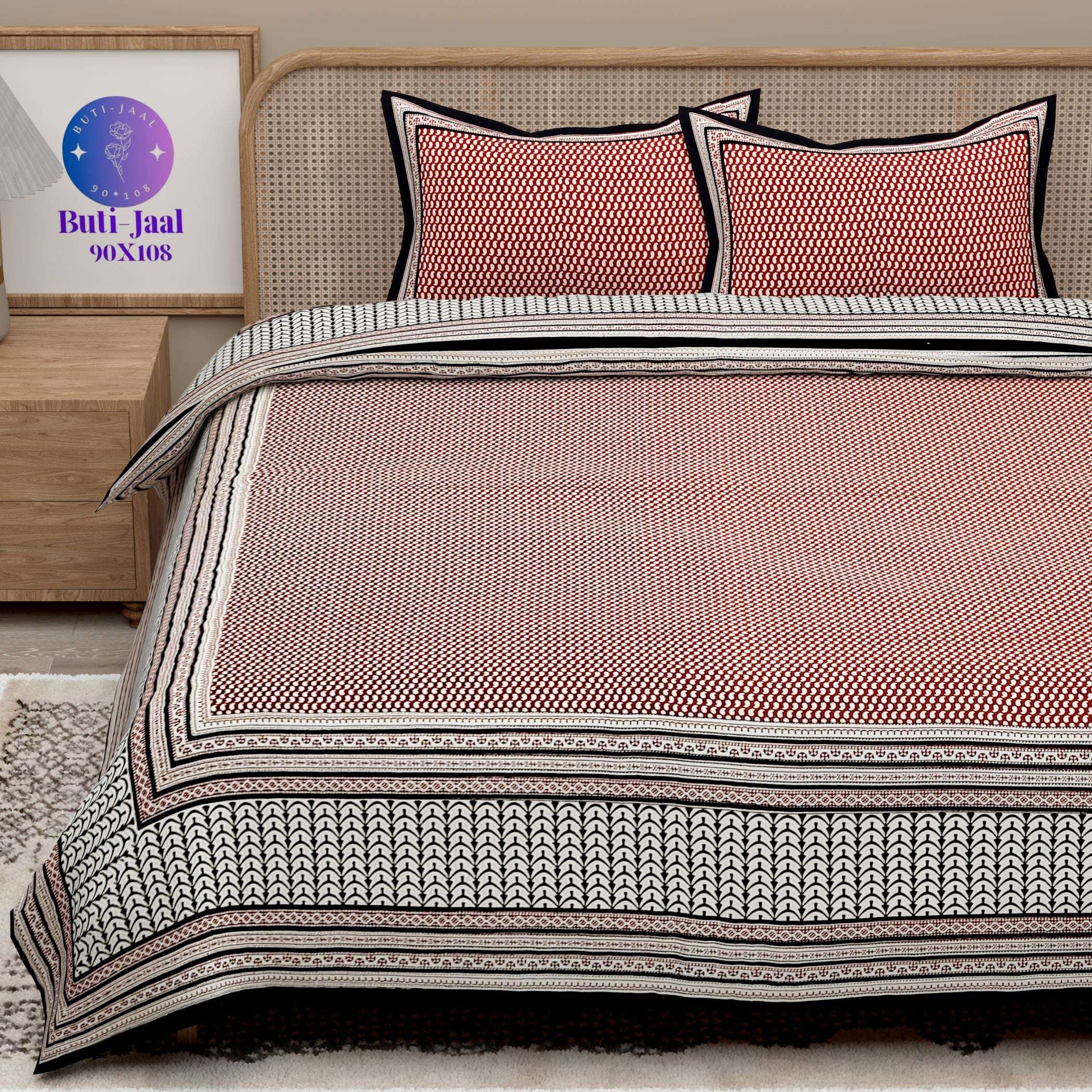 Red Black Handblock Printed Cotton 200TC King Bedsheet With 2 Zipper Pillow Covers - King Size by House of Ree - Distacart