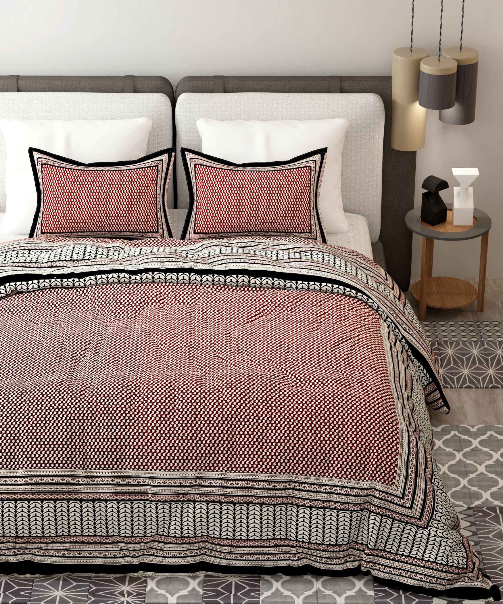 Red Black Handblock Printed Cotton 200TC King Bedsheet With 2 Zipper Pillow Covers - King Size by House of Ree - Distacart