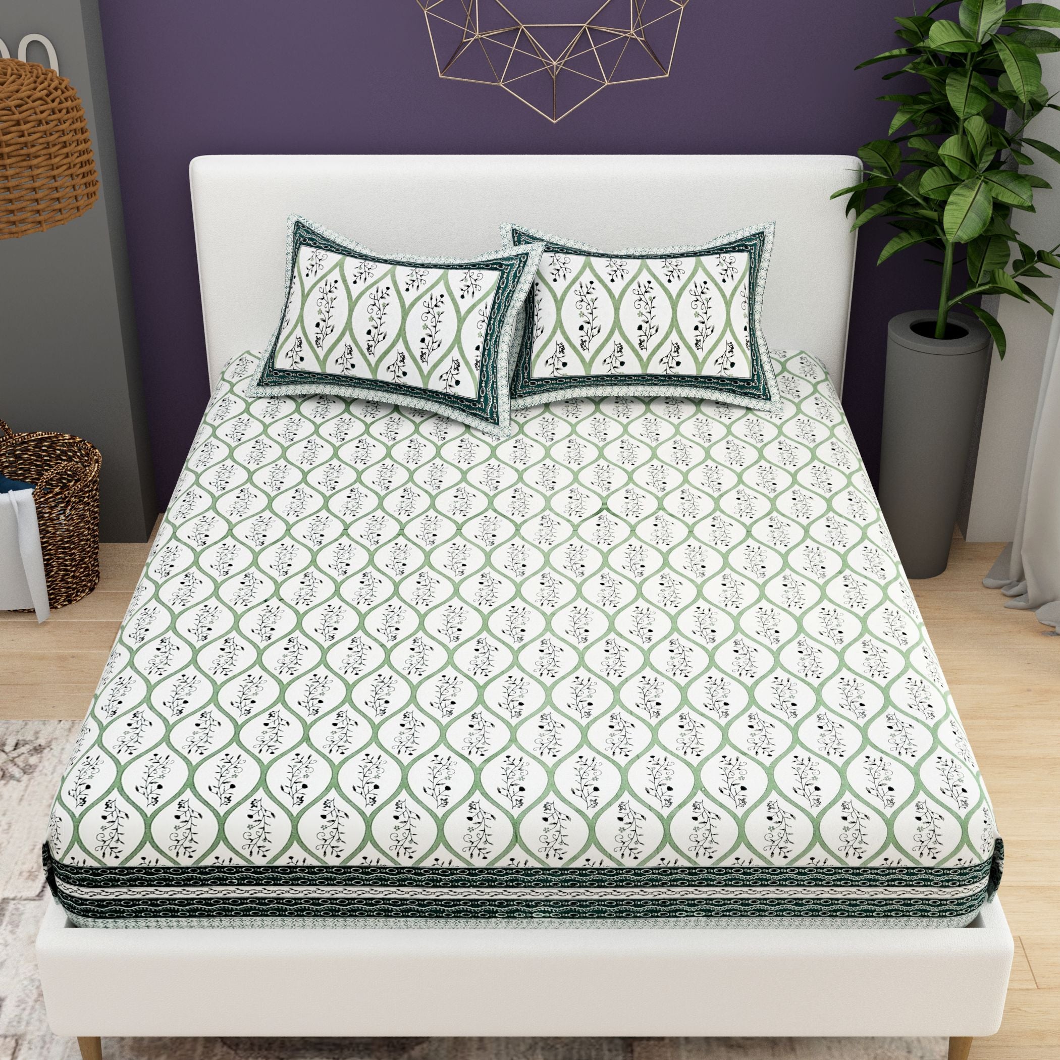 Grey White Ethnic Motifs Cotton 200TC King Bedsheet With 2 Zipper Pillow Covers - King Size by House of Ree - Distacart