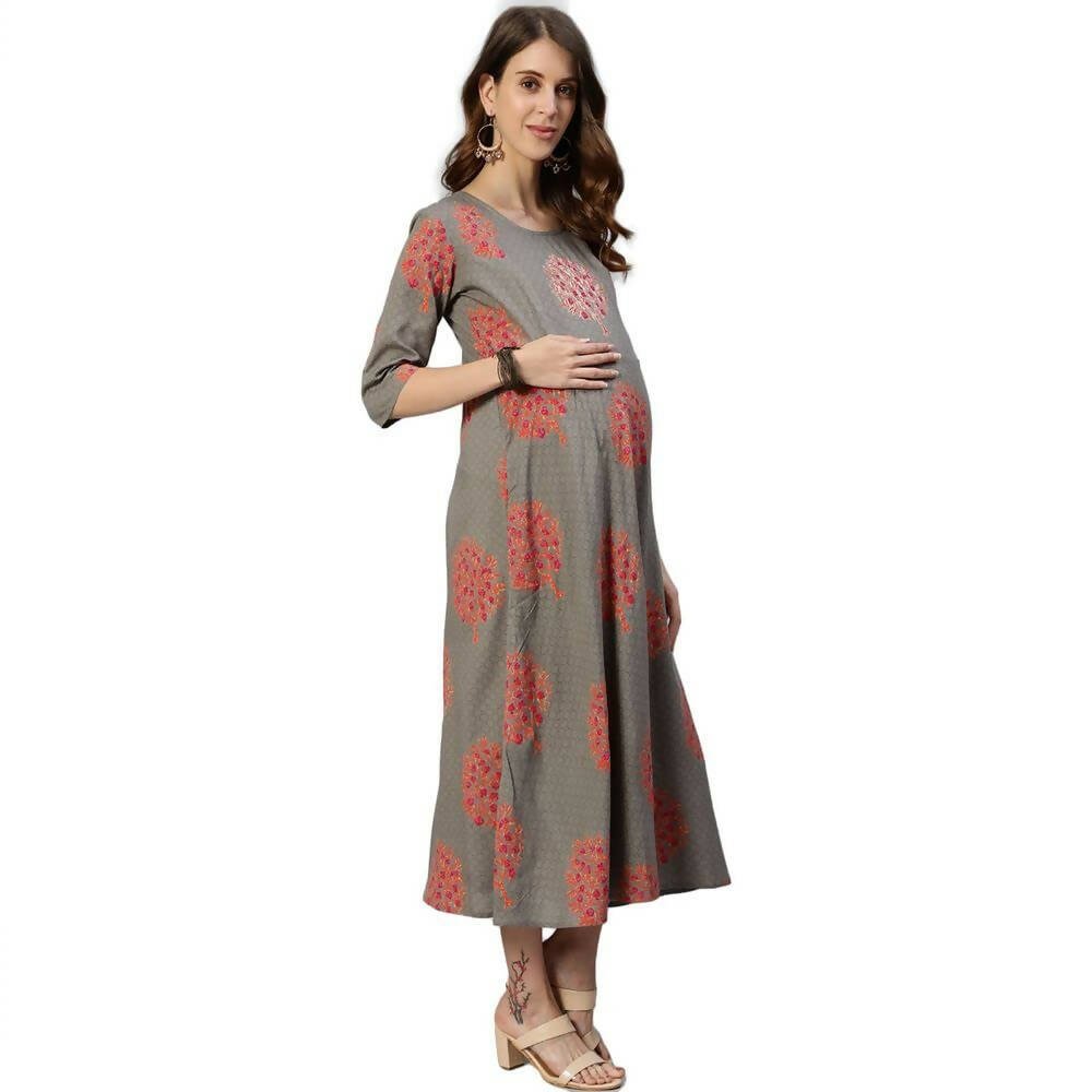 Anubhutee Women's Rayon Floral Maternity A-Line Midi Grey Dress - Distacart