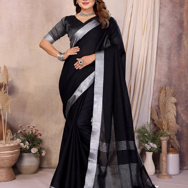 Anaita Black Weaving Linen Cotton Saree With Blouse - Distacart