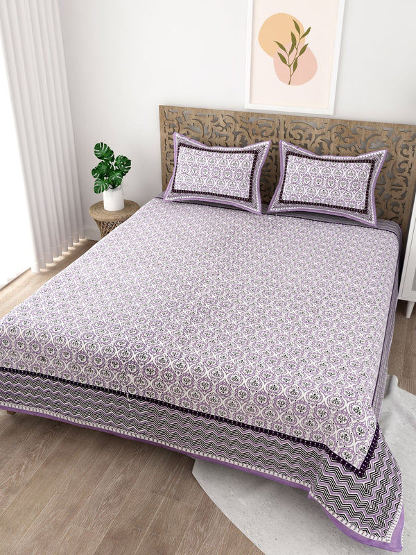 Lavender Floral Printed Cotton 200TC King Bedsheet With 2 Zipper Pillow Covers - King Size by House of Ree