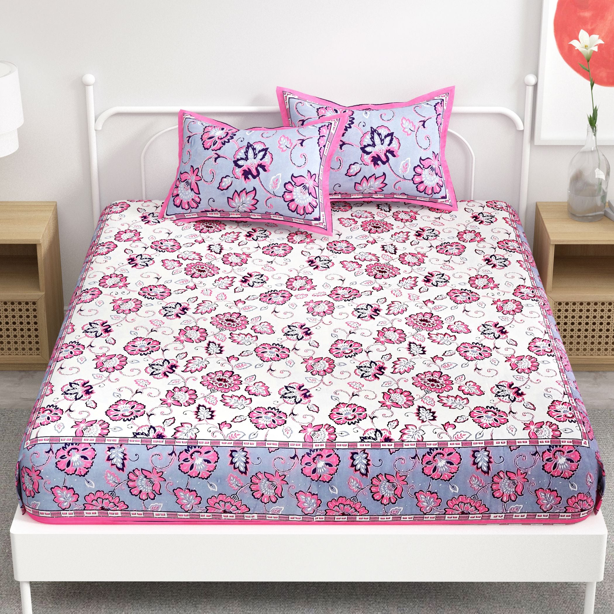 Pink Floral Printed Cotton 300TC Super King Bedsheet With 2 Zipper Pillow Covers - King Size by House of Ree - Distacart