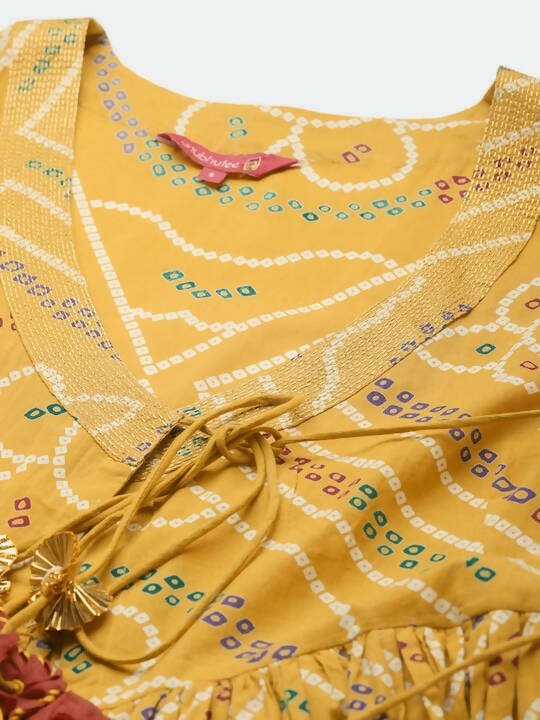 Anubhutee Mustard Yellow & White Bandhani Cotton Angrakha A-Line Dress - Distacart