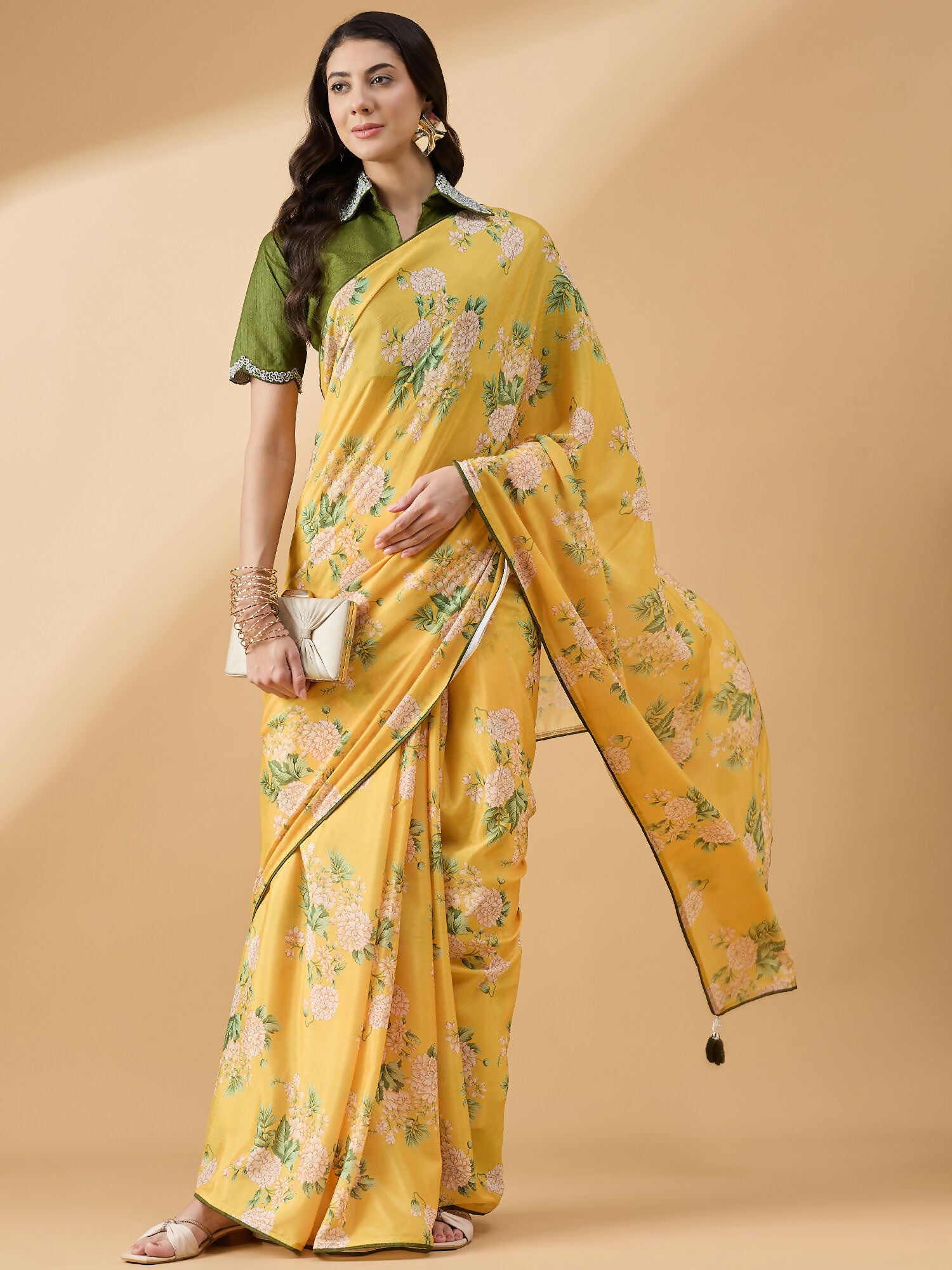 Mustard Chiffon Floral Printed Saree with Stitched Blouse - Dharavi - Distacart