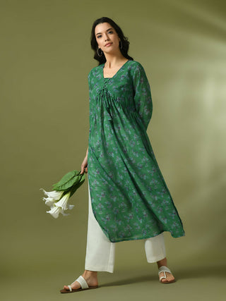 Myshka Women's Green Printed Georgette A-Line Nyra-cut Kurta - Distacart