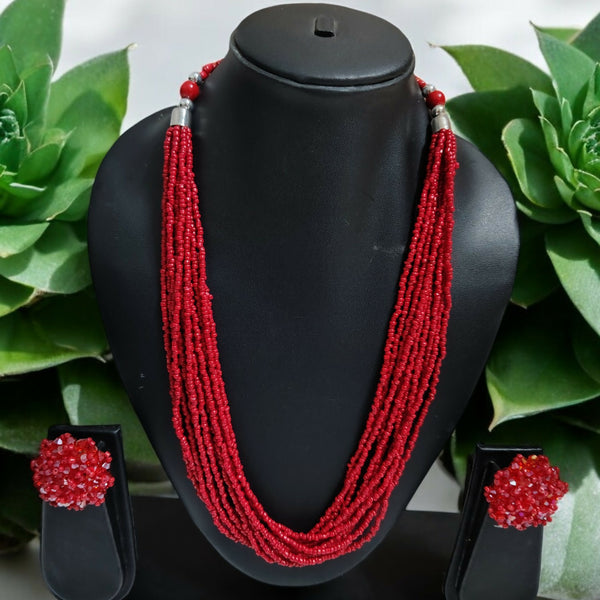 Inhanns Bloom Handmade Beaded Necklace With Earrings - 12 Layers - Red Necklace Set - Distacart