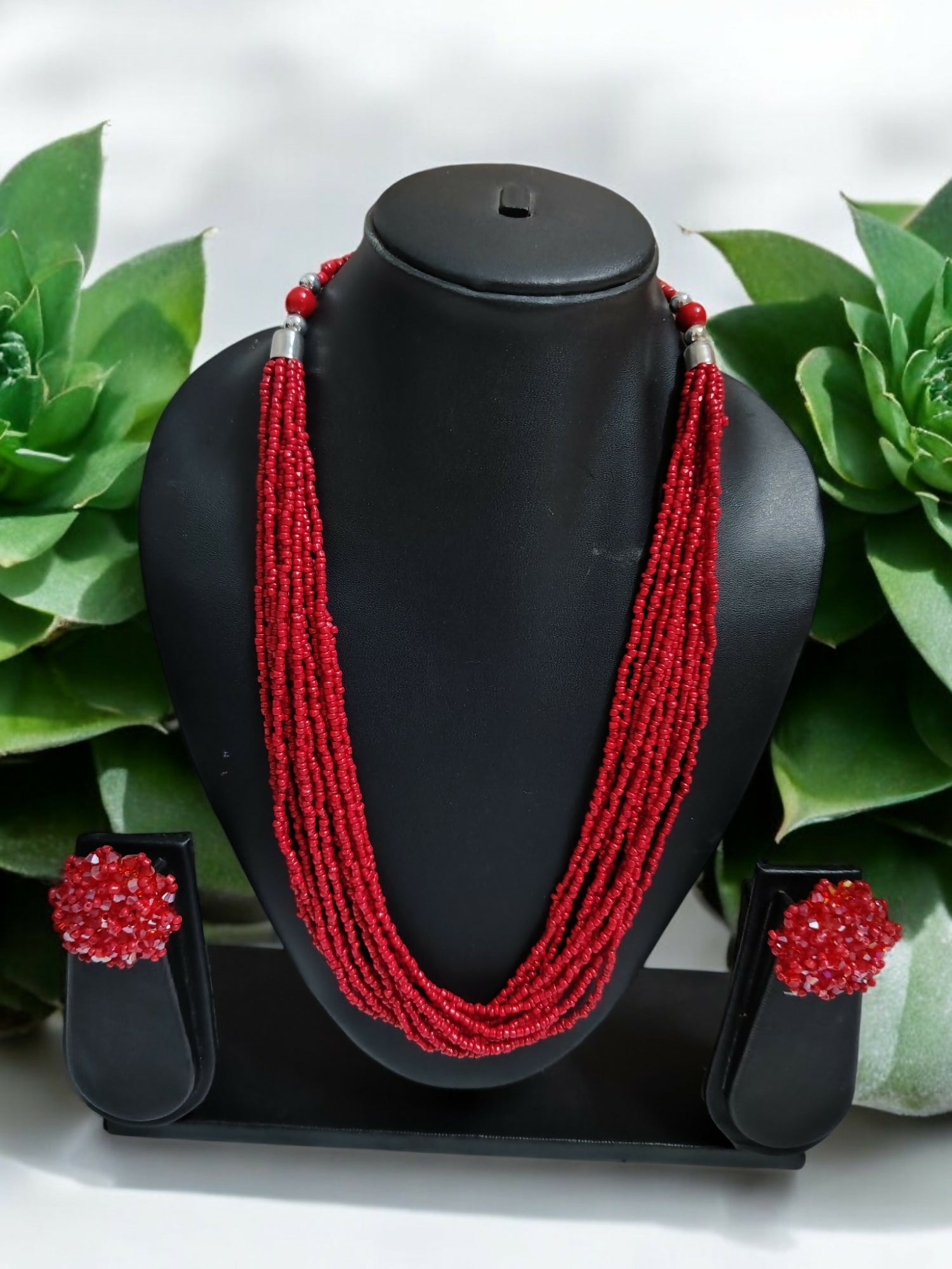 Inhanns Bloom Handmade Beaded Necklace With Earrings - 12 Layers - Red Necklace Set - Distacart