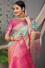 Thumbnail for Jyoti Fashion Women's Sky Blue Kanjivaram Silk Zari Woven Saree with Blouse - Distacart