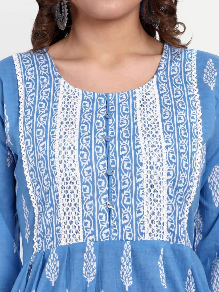 Alvano Printed Naira Cut Kurti with Pant set for Women and Girls Cotton (Blue) - Distacart