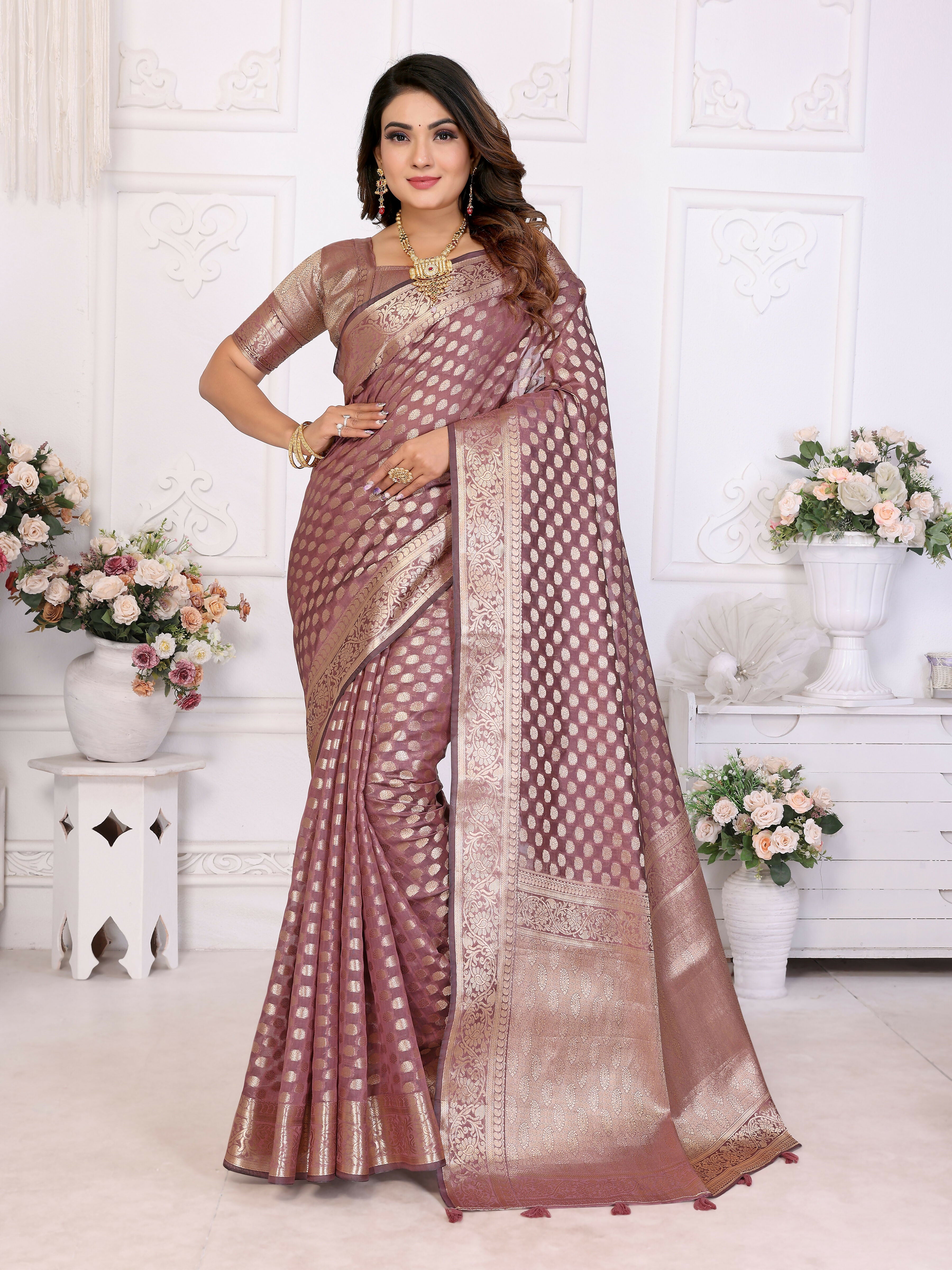 Aastha Fashion Dusty Rose Organza Silk Weaving Saree - Distacart