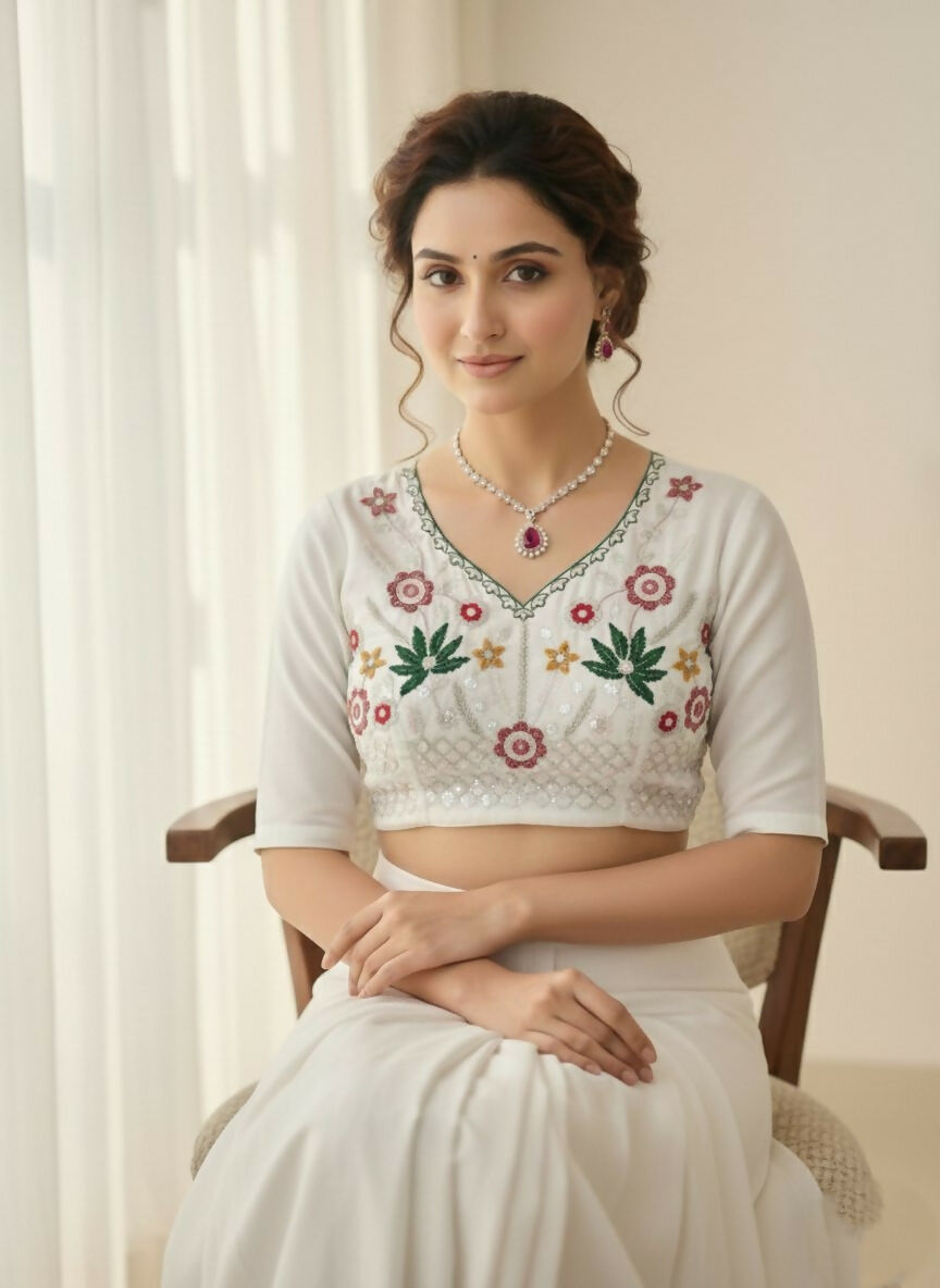 Teeya Creation New Womens Latest Wedding Wear Georgette Saree-White - Dista