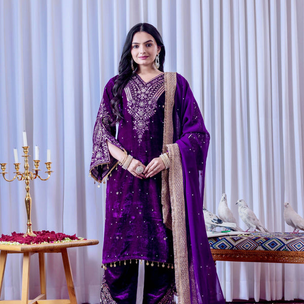 Teeya Creation Purple Color Velvet Silk Embroidery Work Party Wear Suit - Distacart