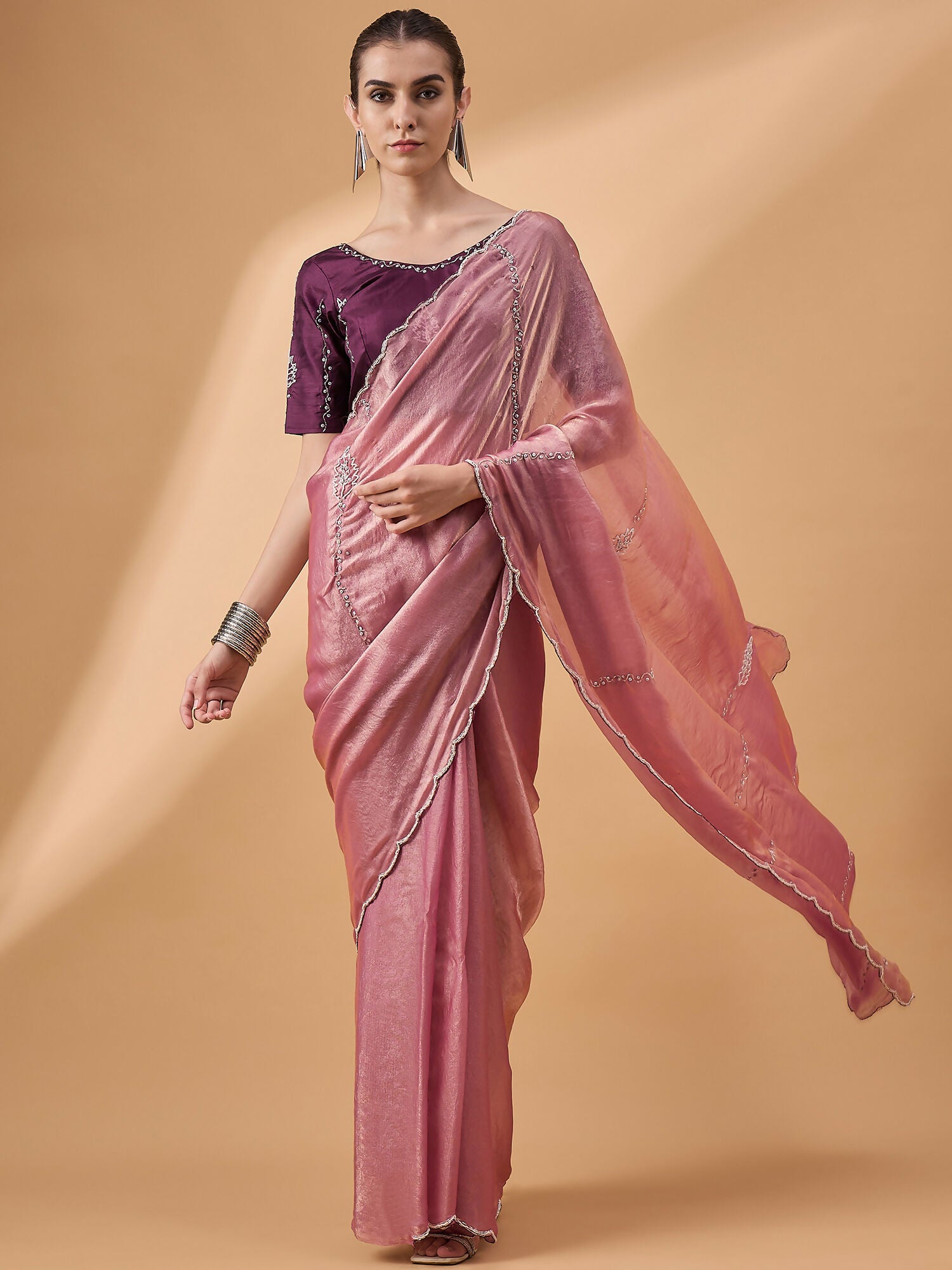 Pink Muslin Embroidered Saree with Unstitched Blouse Piece - Satya - Distacart