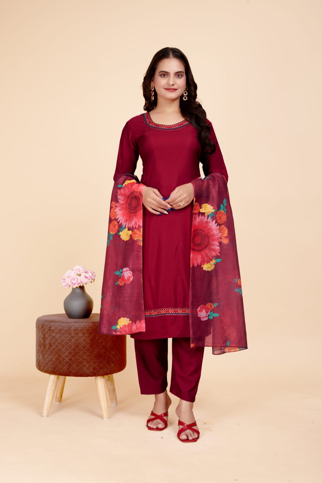 Women's Solid Maroon Kurta Set with Dupatta Set - A2M - Distacart