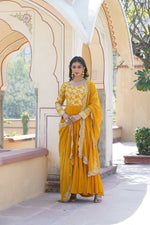 Thumbnail for Aastha Fashion Women's Yellow Faux Georgette Jacquard with Sequins Embroidered Anarkali Dress with Dupatta - Distacart
