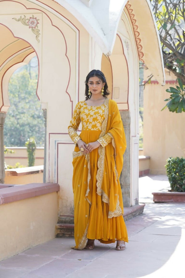 Aastha Fashion Women's Yellow Faux Georgette Jacquard with Sequins Embroidered Anarkali Dress with Dupatta - Distacart
